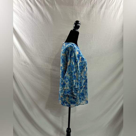 Floral Print Round Neck Flare Sleeve Blouse Blue - Picture 7 of 8